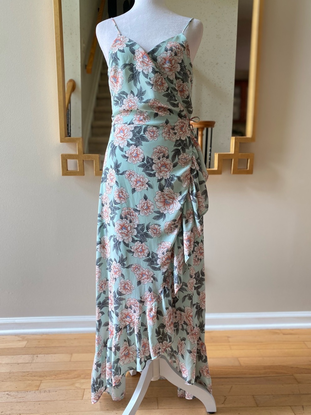 Altar'd State Mint Floral High-Low Wrap Maxi Dress Peony Print Small